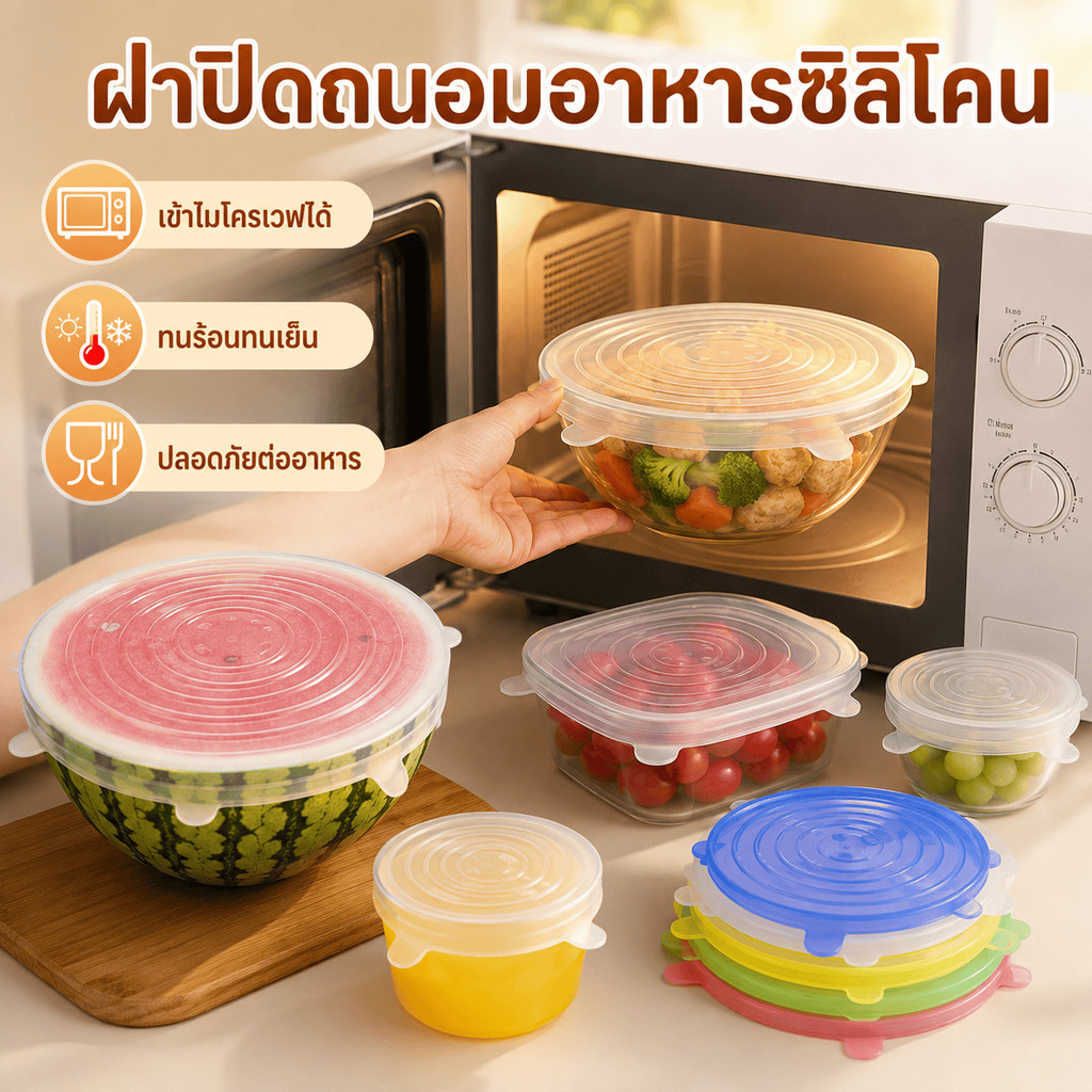 ฝาปิดถนอมอาหารแบบซิลิโคน 6 ขนาด ใช้ปิดชาม ถ้วย แก้ว และผลไม้ ปิดสนิท กันหก กันกลิ่น ใช้ซ้ำได้ พร้อมส่งไว ทนทานดี
