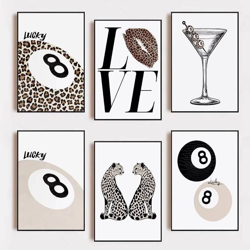 Martini Leopard Abstract Love Heart ภาพวาดผ้าใบ Bar Cafe Wall รูปภาพโปสเตอร์ตกแต่ง