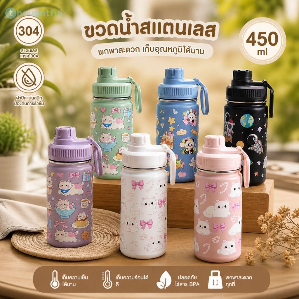 ขวดน้ำพกพาสำหรับเด็กเล่นกีฬา ความจุ 450 มล. ทำจากสแตนเลส 304 ฝากันฝุ่น (TH)