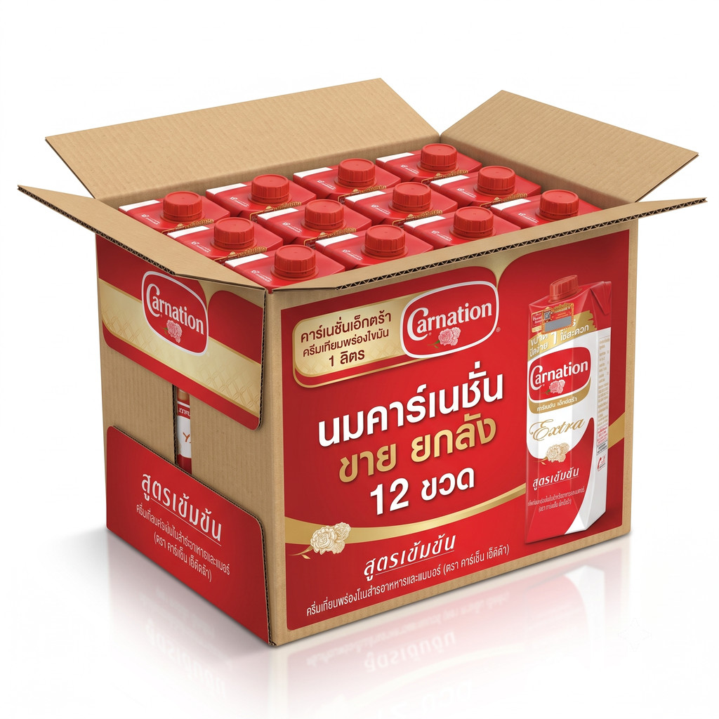 [ 1 ลัง 12 ขวด ] คาร์เนชันเอ็กซ์ตร้า ครีมเทียมพร่องไขมันสำหรับอาหารและเบเกอรี่ 1 ลิตร X 12 ขวด