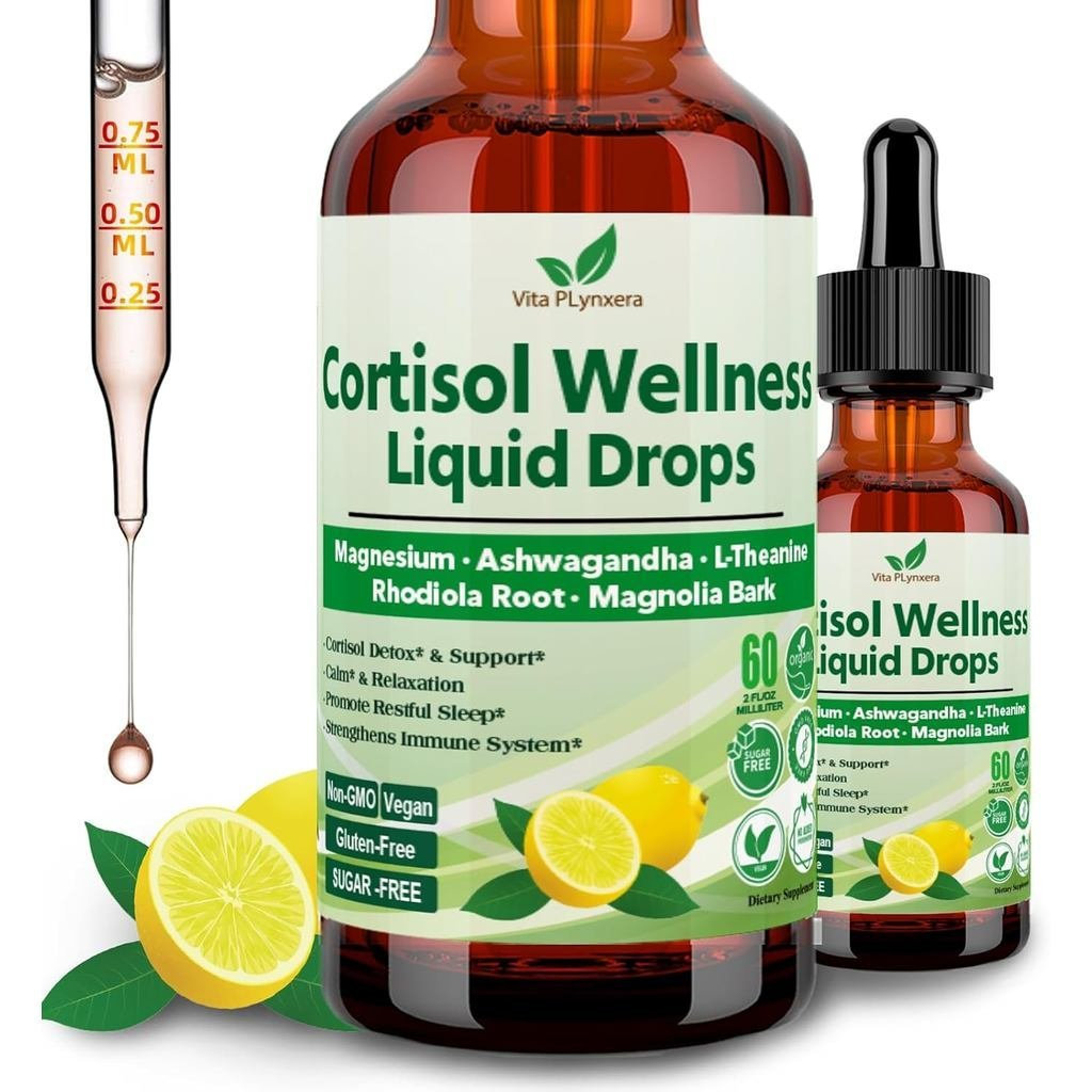 Cortisol Liquid Drops 17-in-1 Cortisol Detox w. Magnesium Glycinate 400mg Turtle, L-Theanine, Phosph