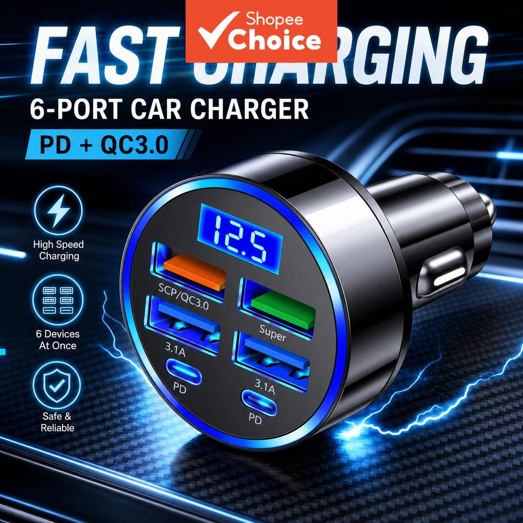 Fast Pd Qc3.0 อะแดปเตอร์ชาร์จ USB ในรถยนต์ 6 พอร์ตพร้อมจอแสดงผลแรงดันไฟฟ้าสําหรับรถยนต์