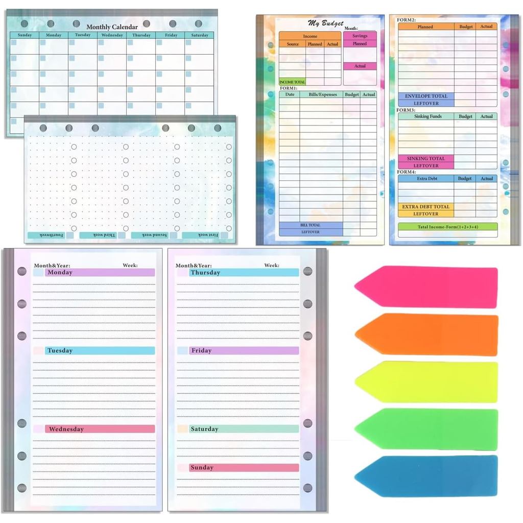 Leadigol A6 Budget Planner Refill, 6 Hole Budget System Refill Inserts,Colorful Weekly Planner Inser