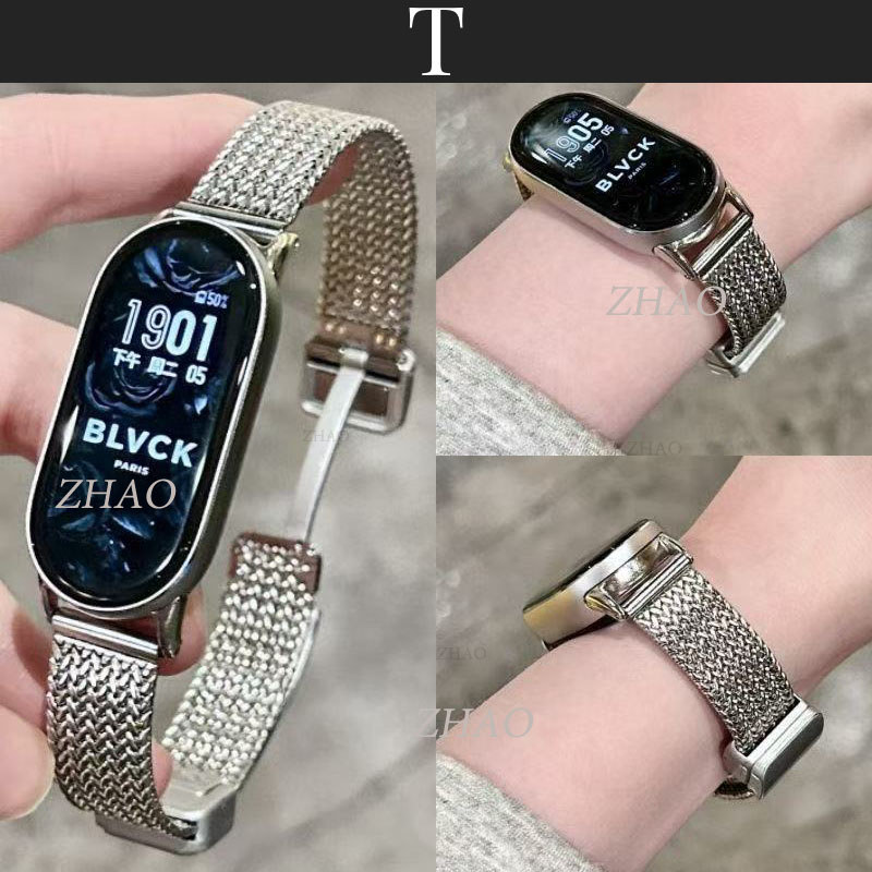 ใช้ได้กับ Xiaomi band 8 9 10 สายรัดหัวเข็มขัดพับแม่เหล็กตาข่ายก้างปลาสแตนเลสสําหรับสายรัดข้อมือ