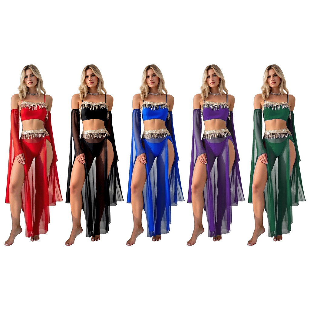 Nikiikoo Womens Belly Dance เครื่องแต่งกายเลื่อมพู่ Crop Top ถอดแขน Slit Maxi กระโปรงและ T-back 4 ชิ