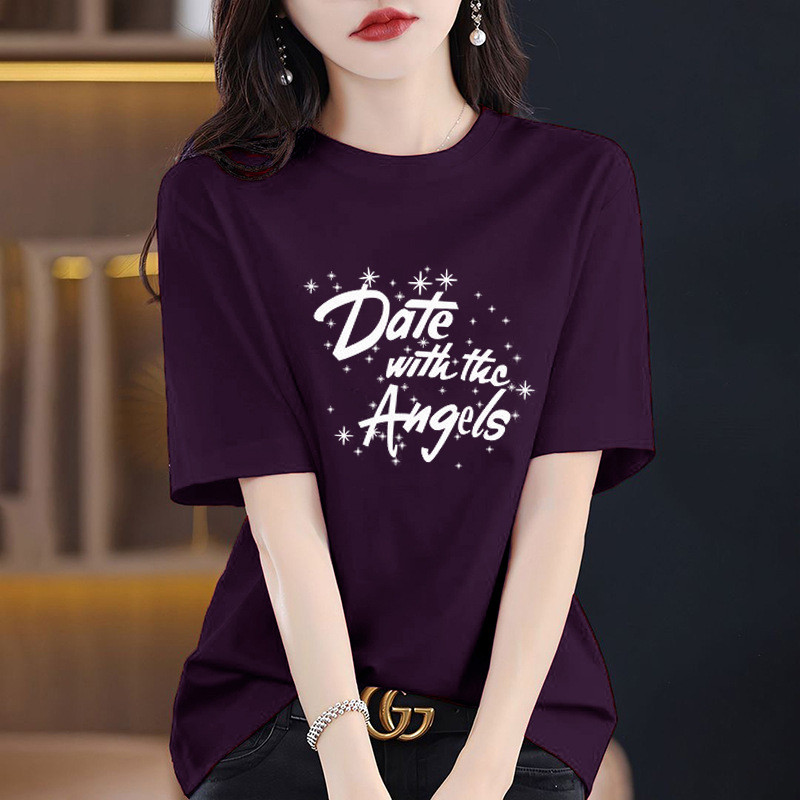 40-100KGPlus ขนาดเสื้อยืดผ้าฝ้ายผู้หญิง,คอกลมแขนสั้นหลวมพอดีเสื้อยืดลําลองด้านบน