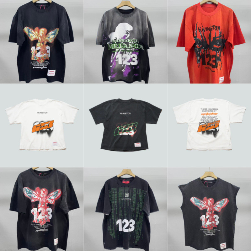 FDIO 26SS High Street RR123 CVA พิมพ์ Retro ล้างผู้ชายผู้หญิงลําลองหลวมรอบคอแขนสั้นเสื้อยืด