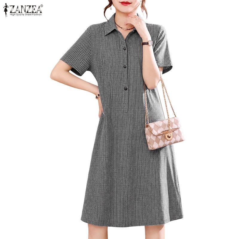 ZANZEA فستان كوري كاروهات A-Line بنصف أزرار — صورة 4