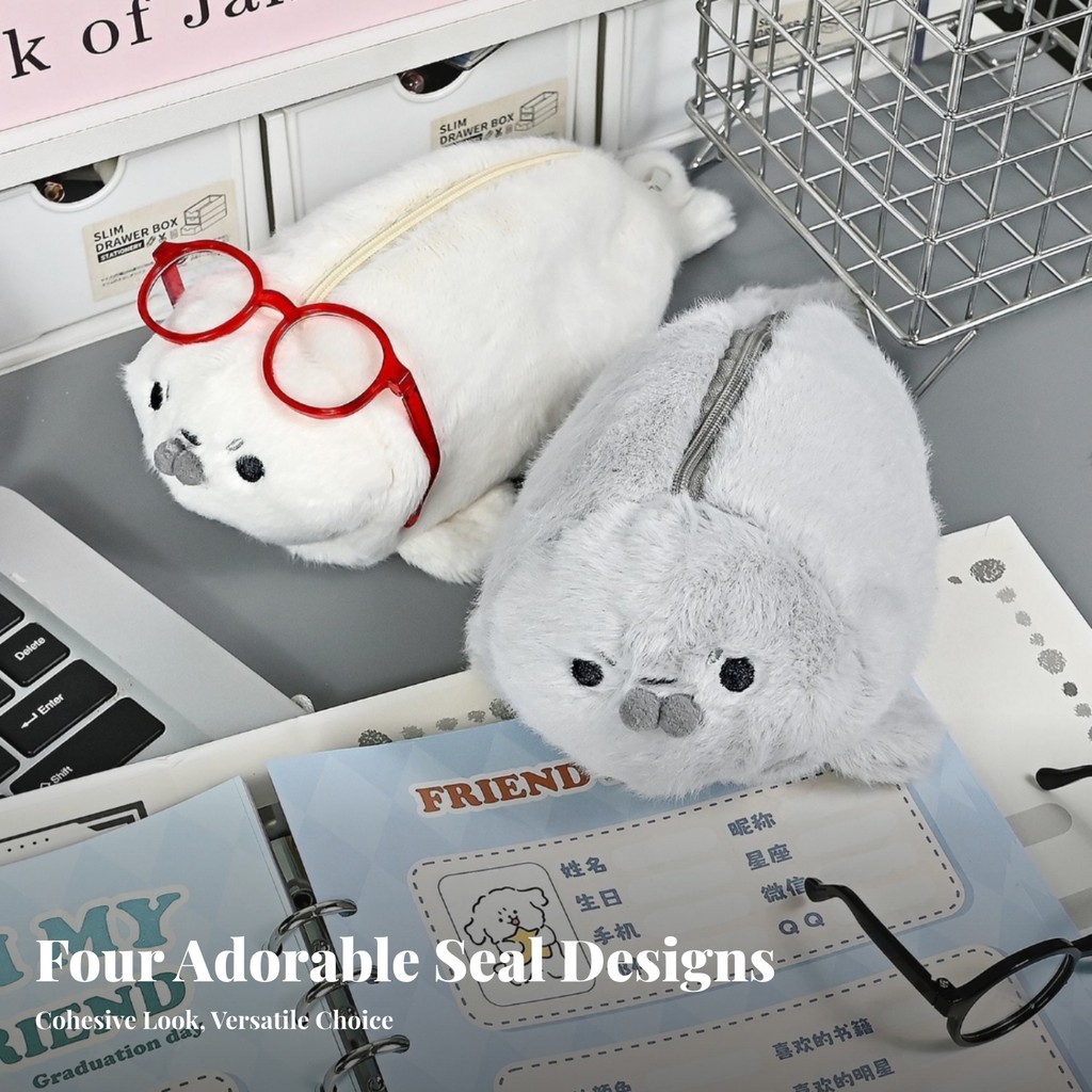 Seal Pencil Case Fuzzy Fuzzy Pencil Case Fuzzy Pouch with Zipper Compact Stationery Organizer น้ําหน