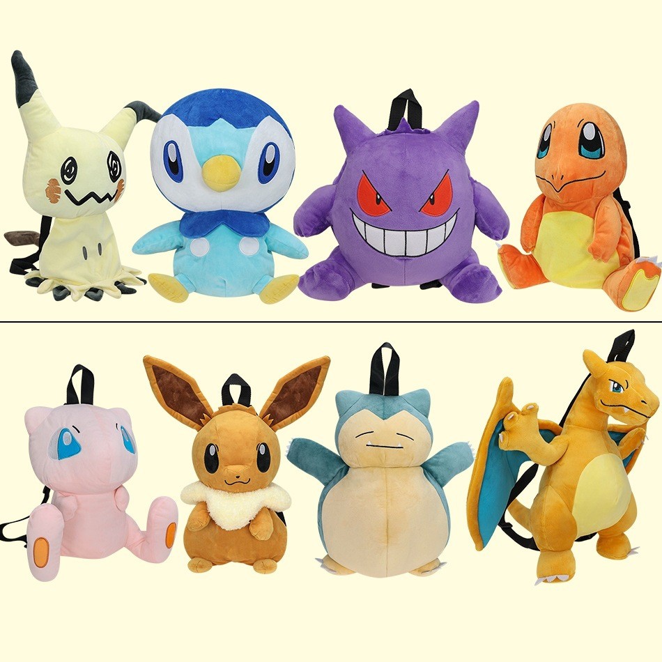 11 รูปแบบกระเป๋าเป้สะพายหลังตุ๊กตา Mimikyu Eevee Gengar Charizard Gyarados Psyduck กระเป๋าเป้สะพายหล