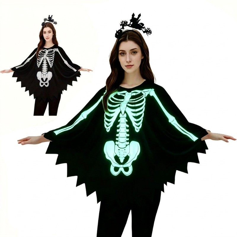 เรืองแสงใน Dark Skeleton Poncho เครื่องแต่งกาย Whit แถบคาดศีรษะฮาโลวีน Luminous Skeleton Cape คอสเพลย์สําหรับสาวผู้หญิง