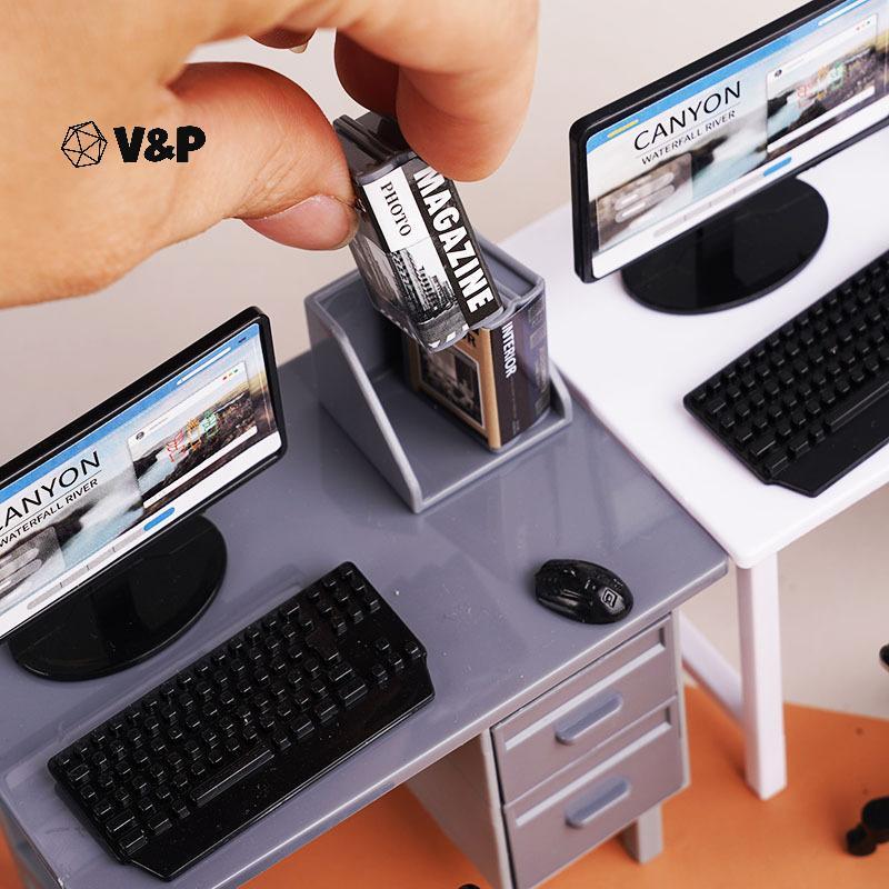 V & P 1 ชุด 1/12 Dollhouse Miniatureputer คีย์บอร์ดโต๊ะเก้าอี้ชุด Home Study Room เฟอร์นิเจอร์ตกแต่ง