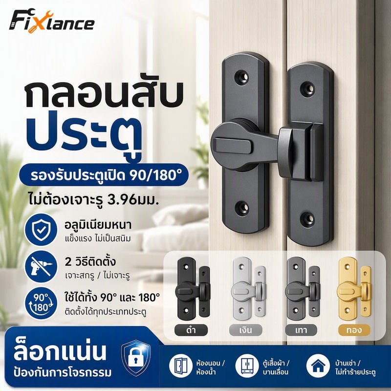กลอนประตูอลูมิเนียมป้องกันการโจรกรรมไม่มีกาวเจาะหรือสกรูติดตั้ง 90 180 องศาด้าน