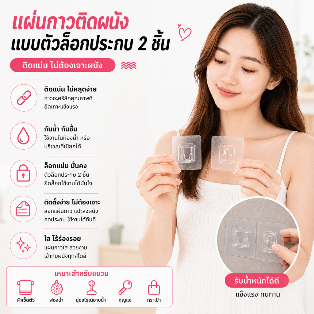 GG-02 แผ่นกาวติดผนัง แผ่นแขวนของแบบตัวล็อก กาวใส ไม่ต้องเจาะผนัง แผ่นยึดอุปกรณ์อเนกประสงค์