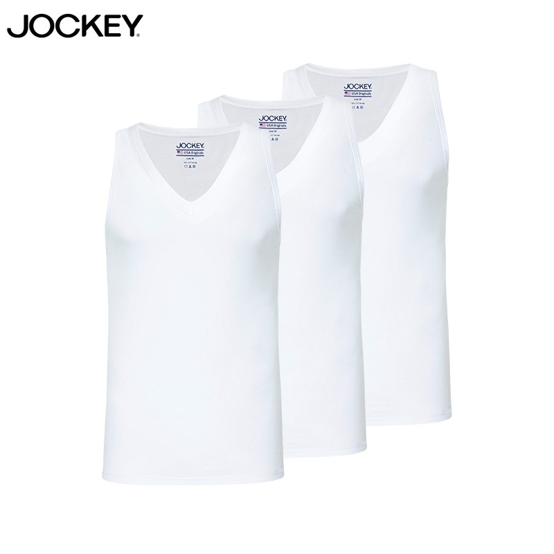 Jockey 3 ชิ้น Men Undershirt V คอกล้ามเนื้อ Tee เสื้อยืดผ้าฝ้าย JMN177832WHT WHT