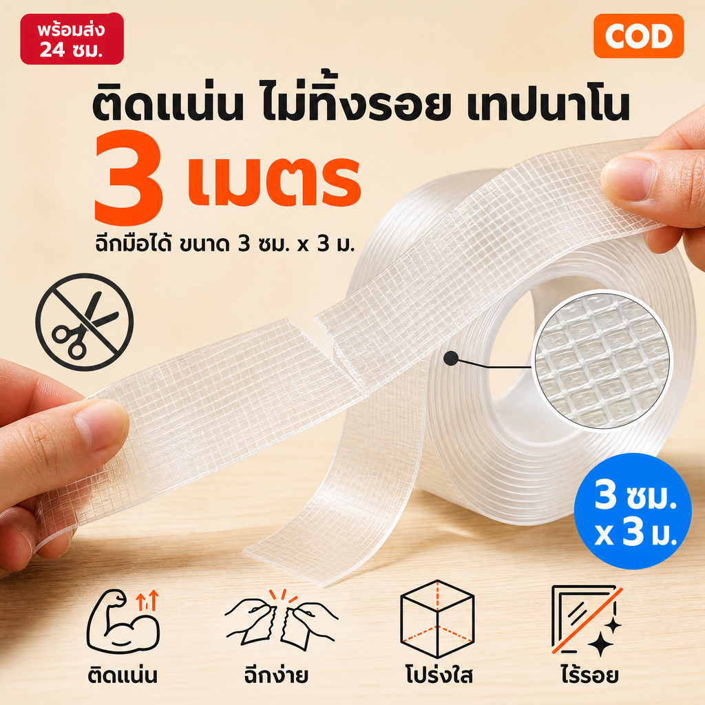 【COD】เทปนาโน 1,3,5 เมตร ขนาดกว้าง 3ซม กาว 2หน้า ใสสารพัดประโยชน์ เทปกาว กันน้ำ ตกแต่ง จัดส่งที่รวดเร็ว
