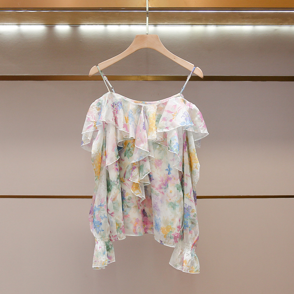 TO4J Self‑SP*  Women's Summer New Fashionable Slim Fit Irregular Ruffle Print Blouse