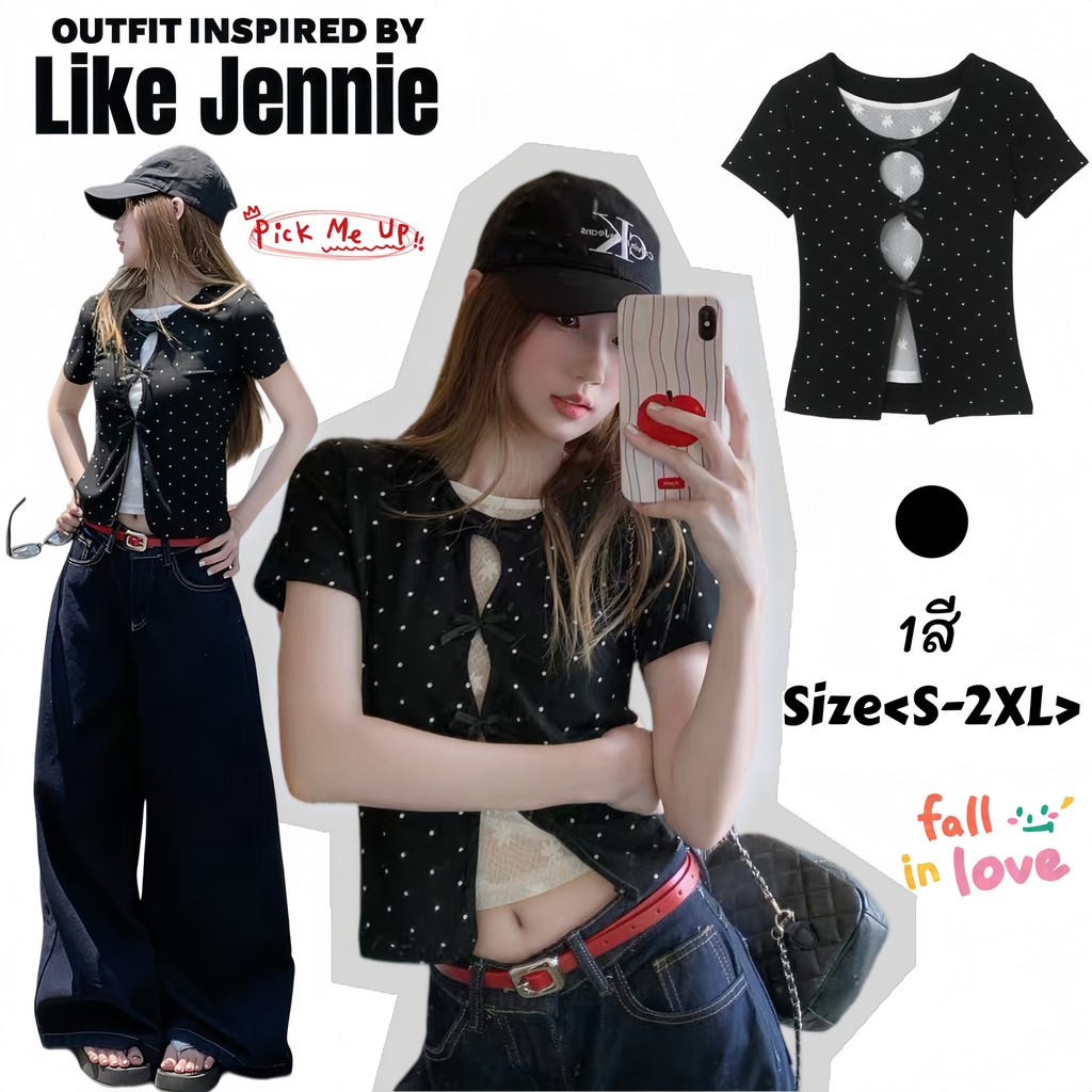 Jennie พร้อมส่ง♟️🎀เสื้อแขนสั้น เสื้อครอปทรงเข้ารูป แต่งโปร์น่ารัก สายโพกาดอทดีเทลเย็บติด2ชั้น พร้อมลูกไม้ แฟชั่นผู้หญิง