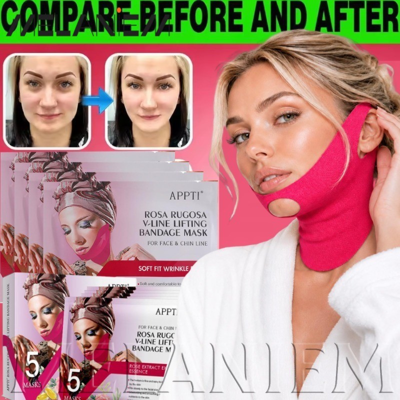 [FASHION] Hydrating V Shape Facial Masks - APPTI Rose Collagen Ear-Loop Mask - Firm Lift Bandage - S