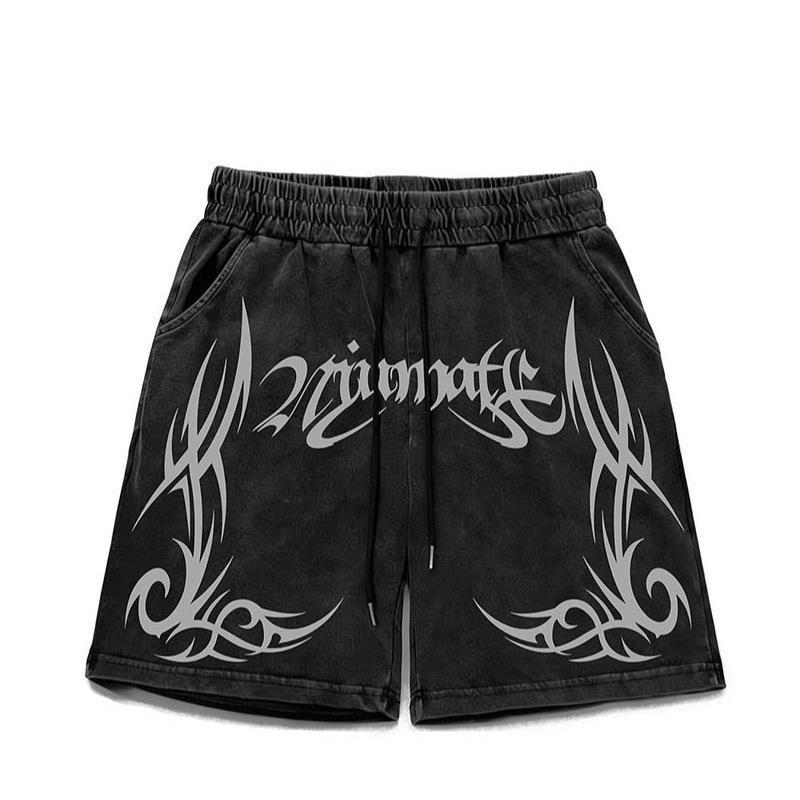 2026 American Street Wear Letter Thorn Print Wash Water Distressed Shorts Mens Wear Street Wear Stre