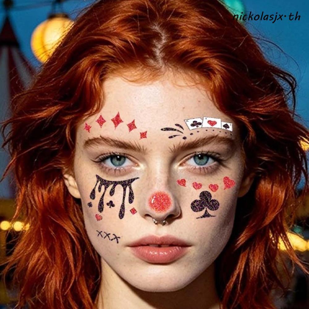 VELAVETIS 4 ชิ้นฮาโลวีน Joker Tattoo สติกเกอร์, Glitter Joker กันน้ํา Joker Blush รอยสักชั่วคราว, ยา