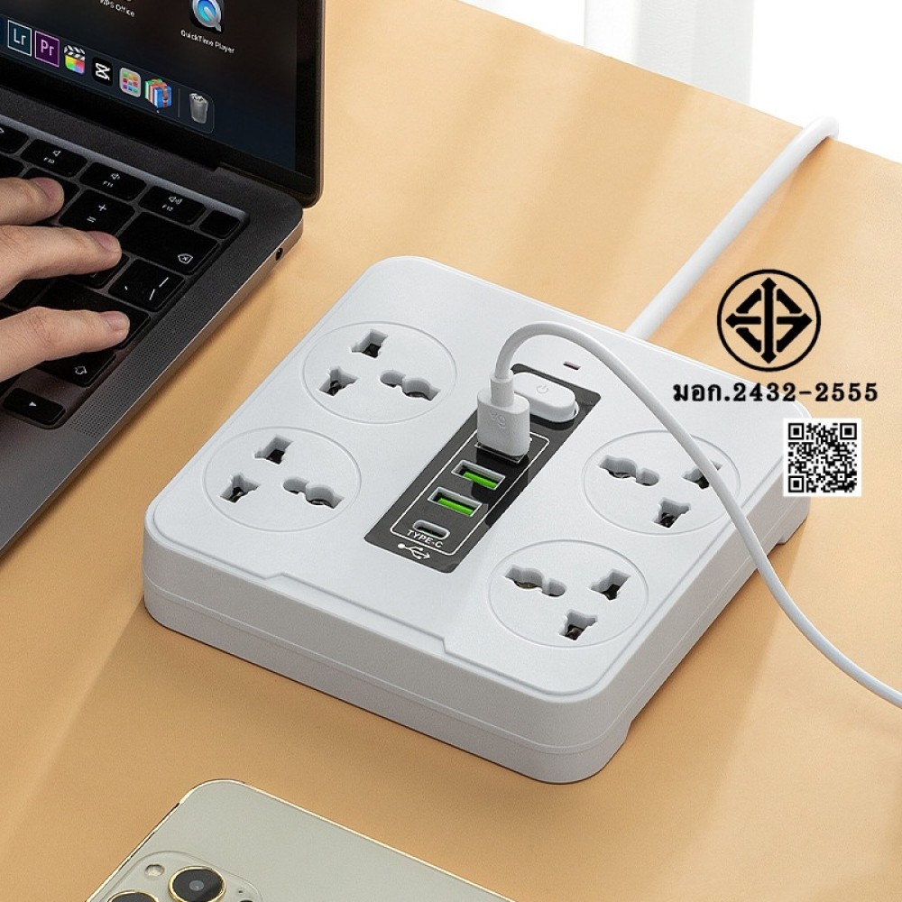 2500W ปลั๊กไฟ 3 ทางพร้อมพอร์ต USB+PD 3 ช่อง ปลั๊กไฟ 4 ทาง ซ็อกเก็ตขยาย USB ซ็อกเก็ตไฟ 2 ทาง ปลั๊กไฟ 