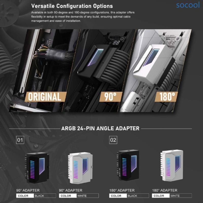 โซค* 180° 24Pin Power Connectors พร้อมไฟ ARGB 24Pin 180 องศาตัวเชื่อมต่ออะแดปเตอร์สําหรับเมนบอร์ด