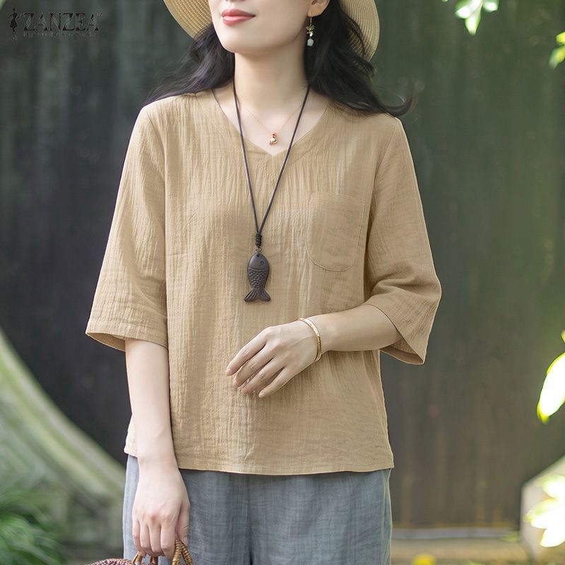 ZANZEA เสื้อเบลาส์เรียบง่ายคอวี 3/4 สําหรับผู้หญิงแฟชั่นเกาหลี — صورة 5