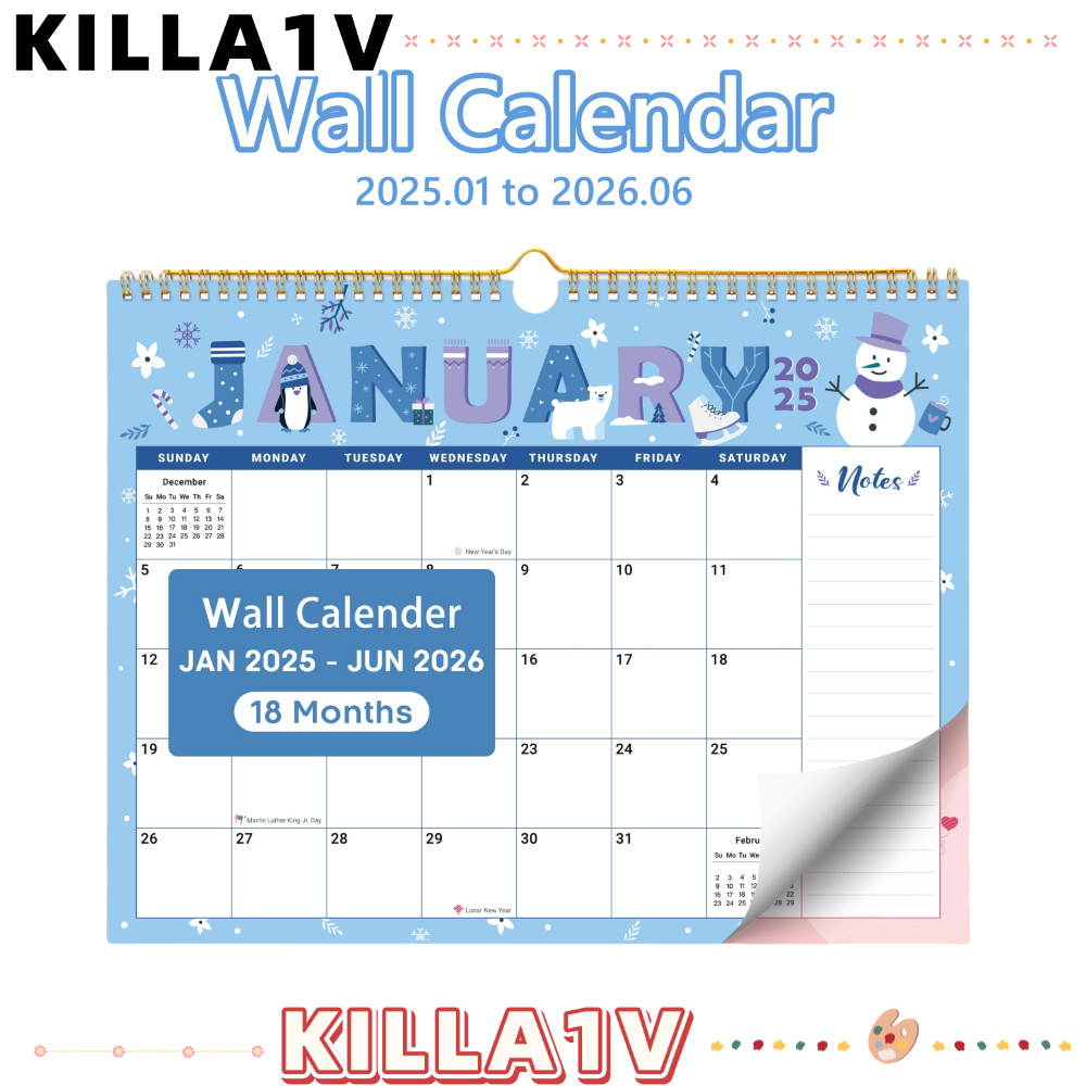 KILLA1V ปฏิทินแขวน, 2025 ถึงมิถุนายน 2026 ปฏิทินผนังกระดาษหนา, 18 รายเดือนน่ารักขนาดใหญ่ Wall Planne
