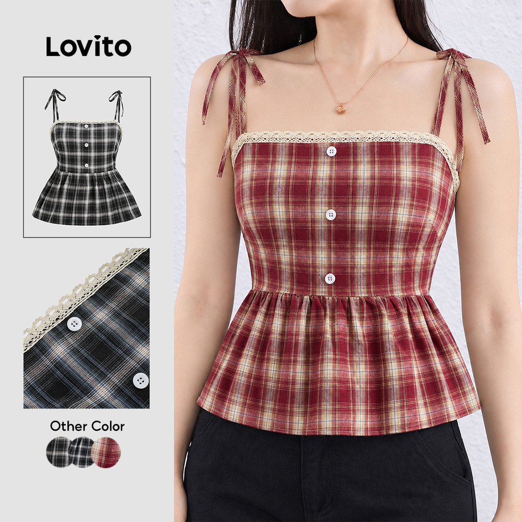 Lovito เสื้อแคชชวลลายสก็อต ทรงหลวม ชายระบาย ผูกด้านหน้า ติดกระดุม สำหรับผู้หญิง L124AD214