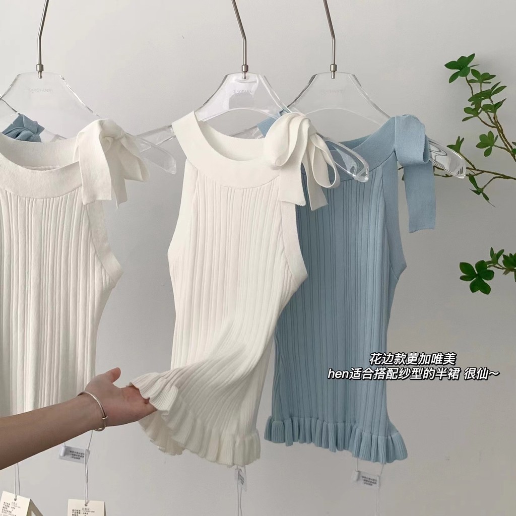 ฤดูร้อนสไตล์ใหม่ออกแบบ Niche Halter คอสั้นถัก Top Laced-Up Bowknot Ruffled สลิงตรวจสอบขนแกะ Mink A4F