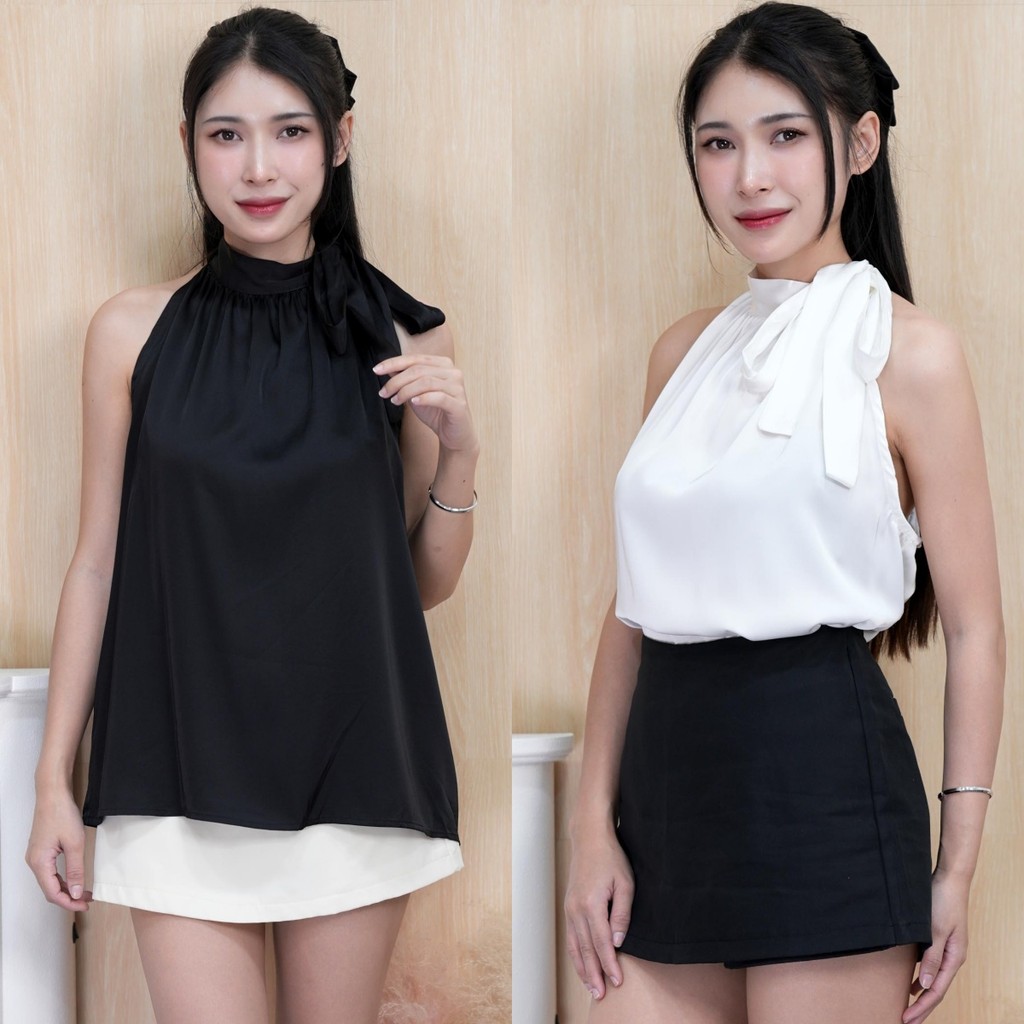 เสื้อแขนกุดทรงคอผูกโบว์ 1 ข้าง สไตล์สาวเกาหลี เนื้อผ้าซาตินลื่นๆ ทรงหลวม โอเวอร์ไซส์ ใส่แล้วได้ลุคคุณหนูมาก