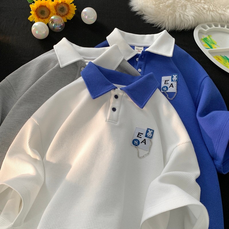 เสื้อโปโลผู้ชายแขนสั้น Oversize สไตล์ STREETWEAR พร้อมลายHeavy Waffle สำหรับฤดูร้อน