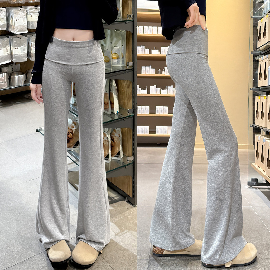 Flip-Waisted Micro-Flareกางเกงฤดูใบไม้ผลิฤดูใบไม้ร่วงยืดหยุ่นสูงเอวสูงSlimmerดูCommuter All-Matchอเมริกันกางเกงกีฬาลําลอง