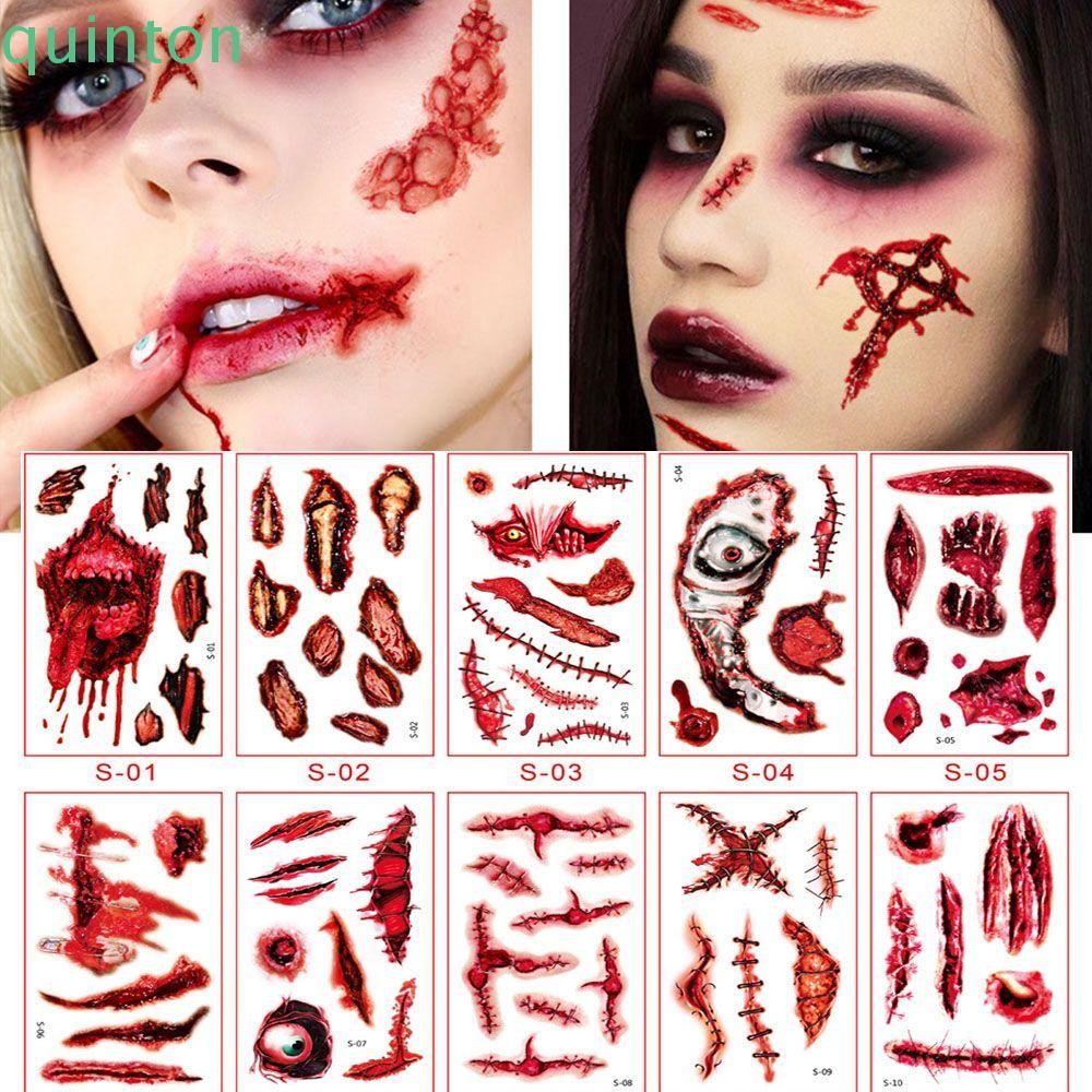 QUINTON Bloody Wound Tattoos DIY 10 ชิ้นตกแต่งฮาโลวีนปลอม Tattoo กันน้ําบาดแผลรอยขีดข่วนสติกเกอร์