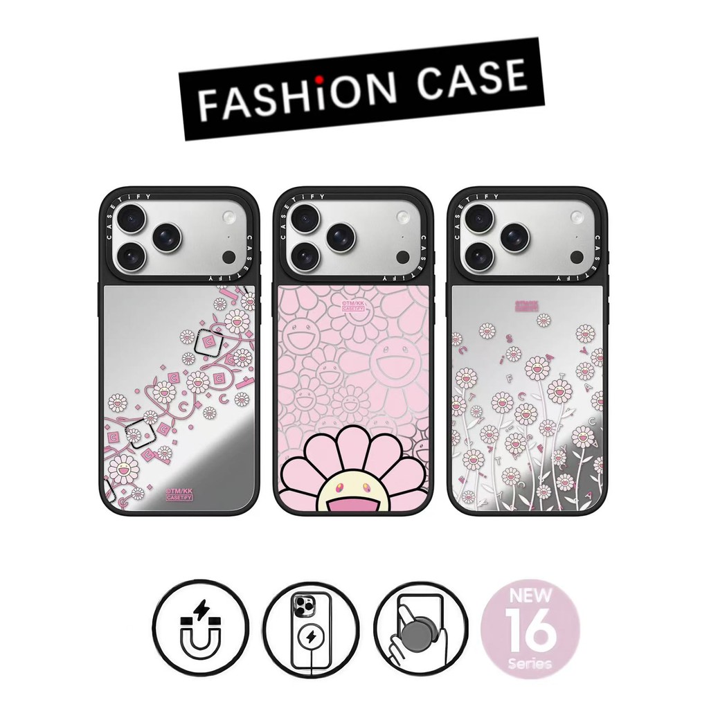 CASETi สีชมพู Murakami Takashi กระจกเคสโทรศัพท์แม่เหล็กสําหรับ iPhone 17ProMax 17Air 17Pro 16Pro 15ProMax 14 13 12 11 กันกระแทกเคสโทรศัพท์บางเฉียบ