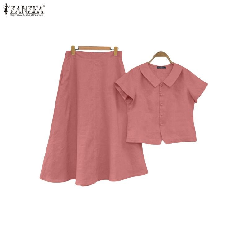 ชุดสองชิ้น ZANZEA สไตล์เกาหลี เสื้อเบลาส์แขนสั้นและกระโปรงหลวมสำหรับผู้หญิง