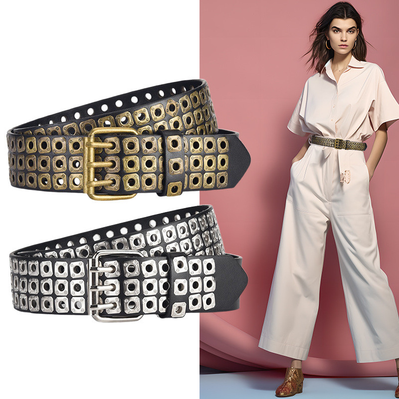 Asian Culture Hollow Square Rivets Air Eye Retro Punk Rock เข็มขัดเข็มขัดผู้ชายผู้หญิงกางเกงเข็มขัดอ