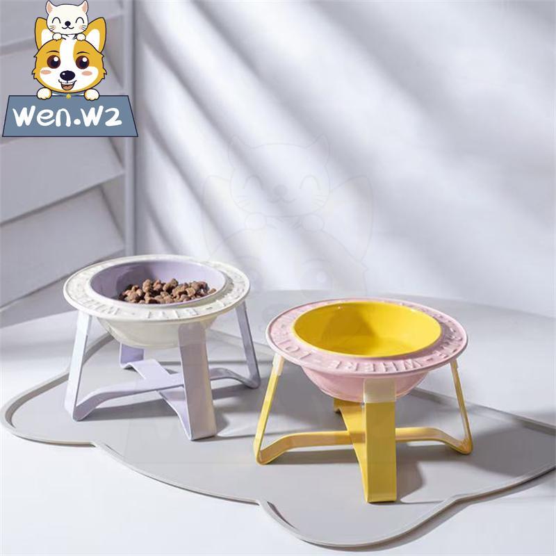 wen.W2 จานรองข้อมูลภาษาอังกฤษเซรามิกชามสุนัข ที่ยึดลำคอป้องกันการล้มของชามสัตว์เลี้ยง