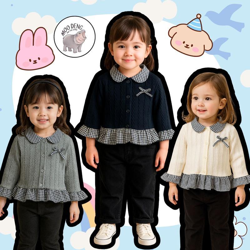 Moodeng Baby เสื้อสเวตเตอร์ถัก สำหรับเด็กผู้หญิง คอปกเสื้อแบบตุ๊กตา สไตล์หวานๆ แฟชั่นเด็กผู้หญิง เหห