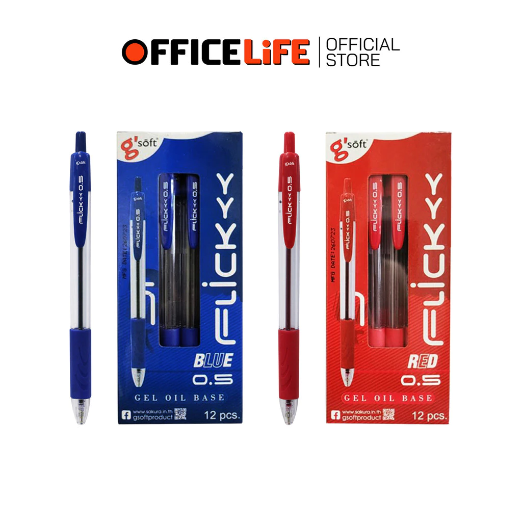 G'SOFT (จีซอฟท์) ปากกาลูกลื่น ปากกา รุ่น FLICK ฟลิค ขนาด 0.5 MM. หมึกน้ำเงิน หมึกแดง ( 12 ด้าม / กล่อง )