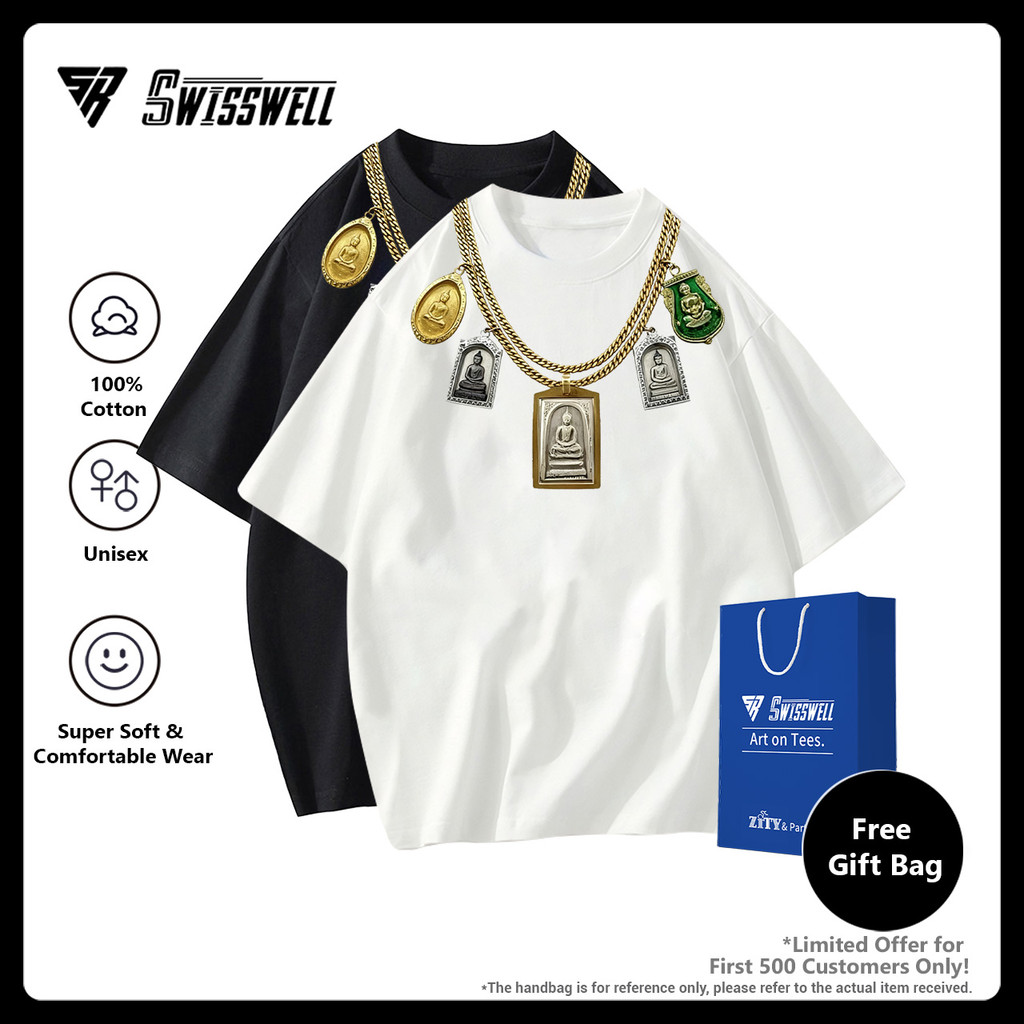 SwissWell 👕 T-Shirt เสื้อยืดผ้าคอตตอน 100% แบบ Oversize Unisex คอกลม ลาย Buddha amulets สไตล์เป๊ะ P2
