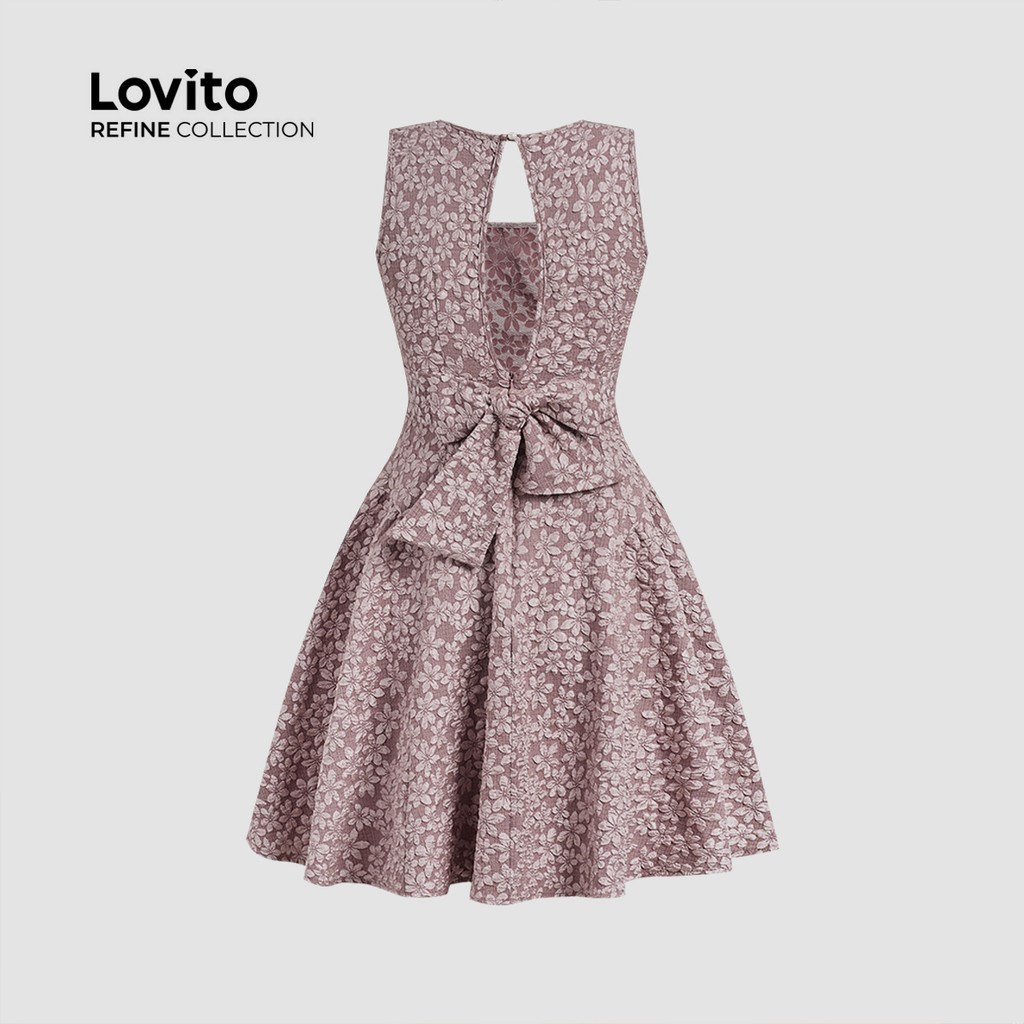 (Lovito Refine) เดรสลำลองสำหรับใส่ทำงาน เดรสสีชมพูผ้าแจ็กการ์ดเปิดหลังสุดคลาสสิกและใช้งานได้หลากหลาย สำหรับฤดูใบไม้ผลิ/ฤดูร้อน สำหรับผู้หญิง LR21E018 - รูปที่ 3