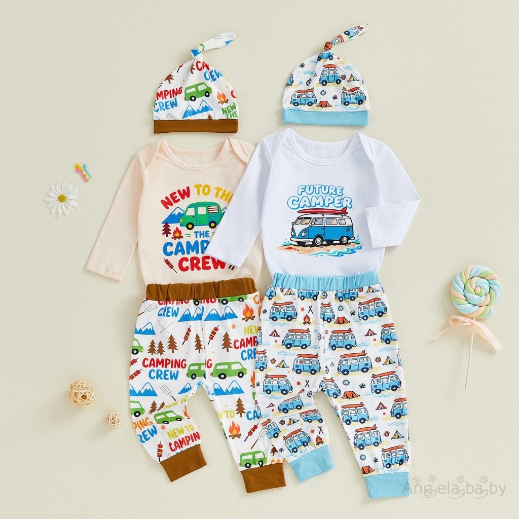 ชุดRomperแขนยาว Hian Baby Boy ลายCamper Van พร้อมคอกลมแบบตัวอักษร เหมาะสำหรับเด็กเล่น