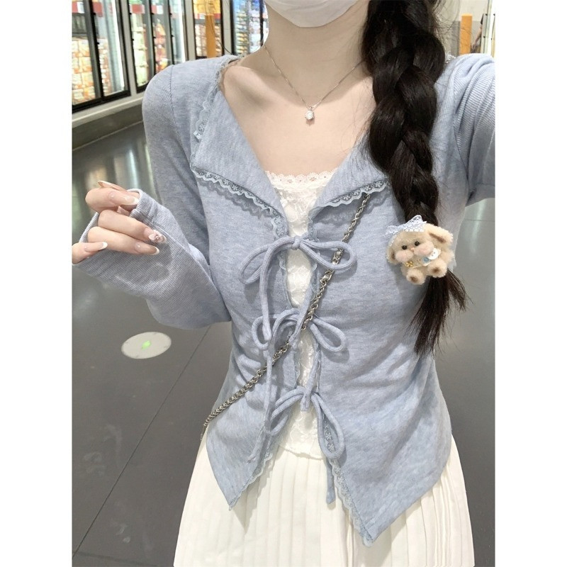 เกาหลีของปลอมสองชิ้นลูกไม้การประกบแขนยาวเสื้อยืด หวานหูกระต่ายทรงเข้ารูปเสื้อแจ็กเกต จัดส่งจากกรุงเทพ - รูปที่ 4