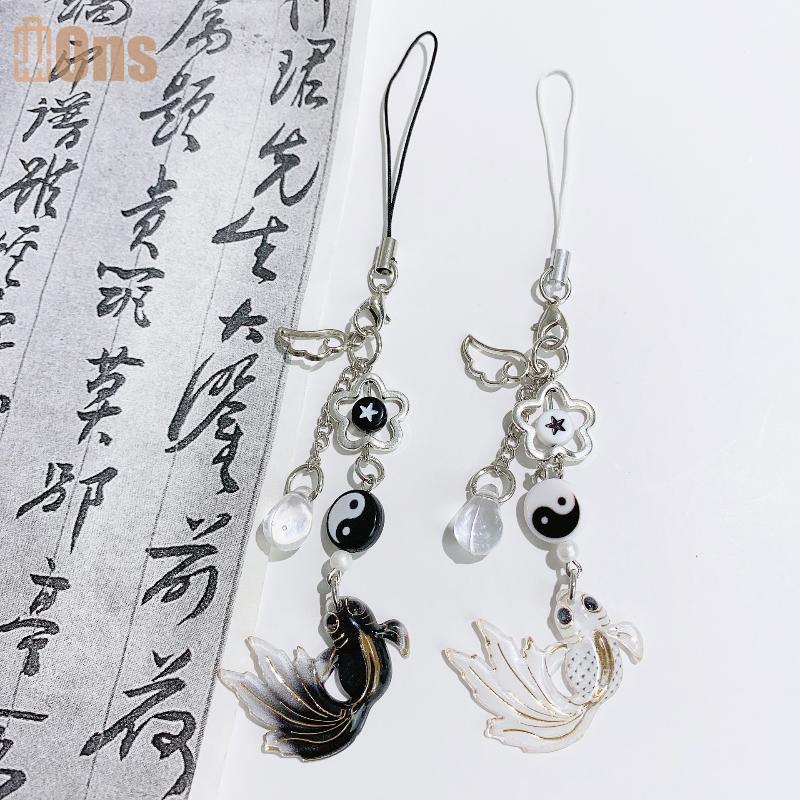 Ons Vintage สไตล์จีน Koi ปลาโทรศัพท์ Lanyard Retro Tai Chi โทรศัพท์ Y2K ลูกปัดโทรศัพท์มือถือ Charm พวงกุญแจกล้องจี้ที่