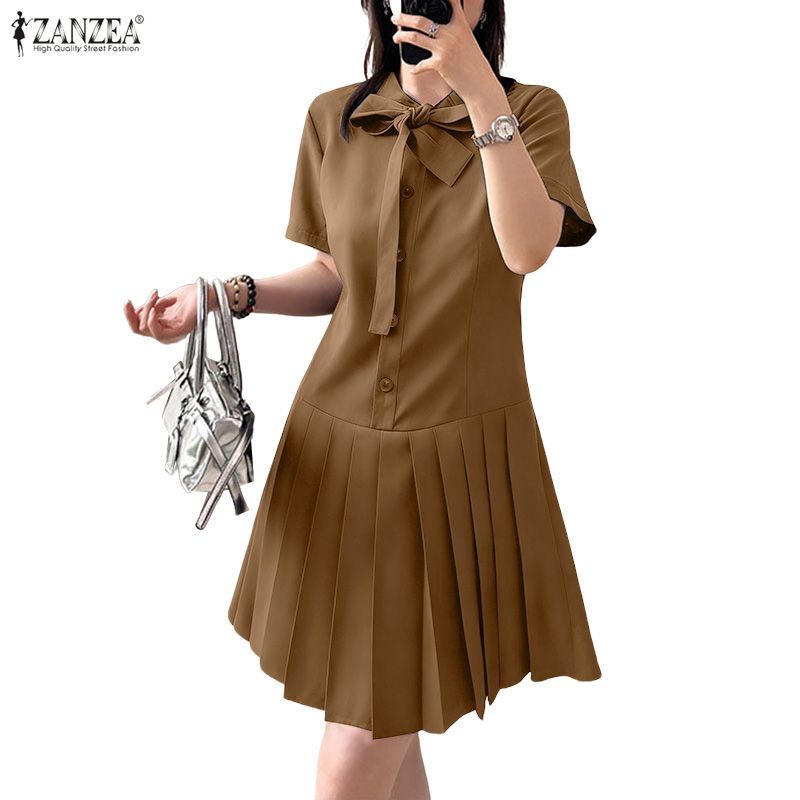 ZANZEA ชุดเดรสคอกลมแขนสั้น สไตล์เกาหลีสำหรับวันสบายๆ