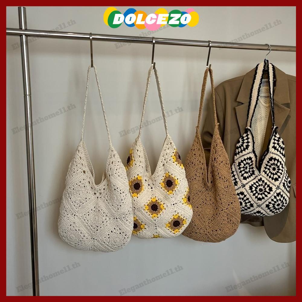 DOLCEZO กระเป๋า tote โครเชต์ มือ crochet ออกแบบลายว่าง ทรงวินเทจ Bohemian สำหรับวันหยุด