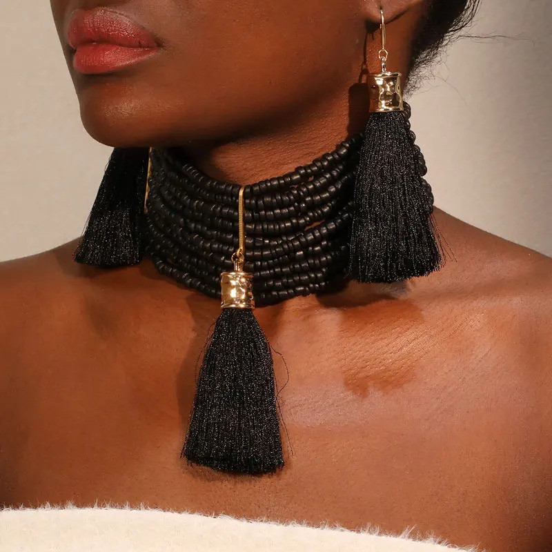 Statement Vintage Beads Chocker Necklace&Earrings  Tassels Design Women Trendy Wedding Party Jewelry