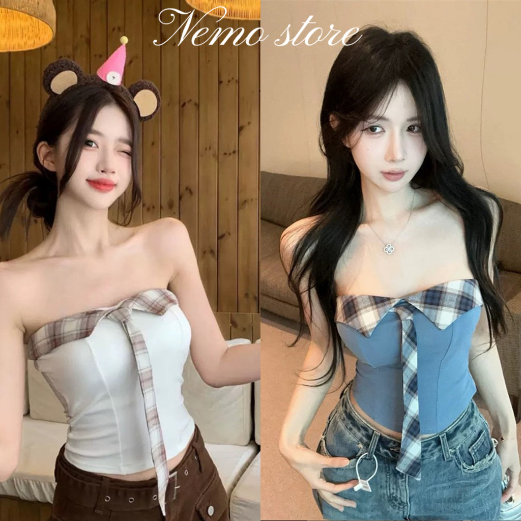 Nemo store🌸#FY33037 เสื้อเกาะอกเสริมฟองน้ำ น่ารักๆ ดีเทลสียีนส์ ใส่เที่ยวเก๋ๆมาก